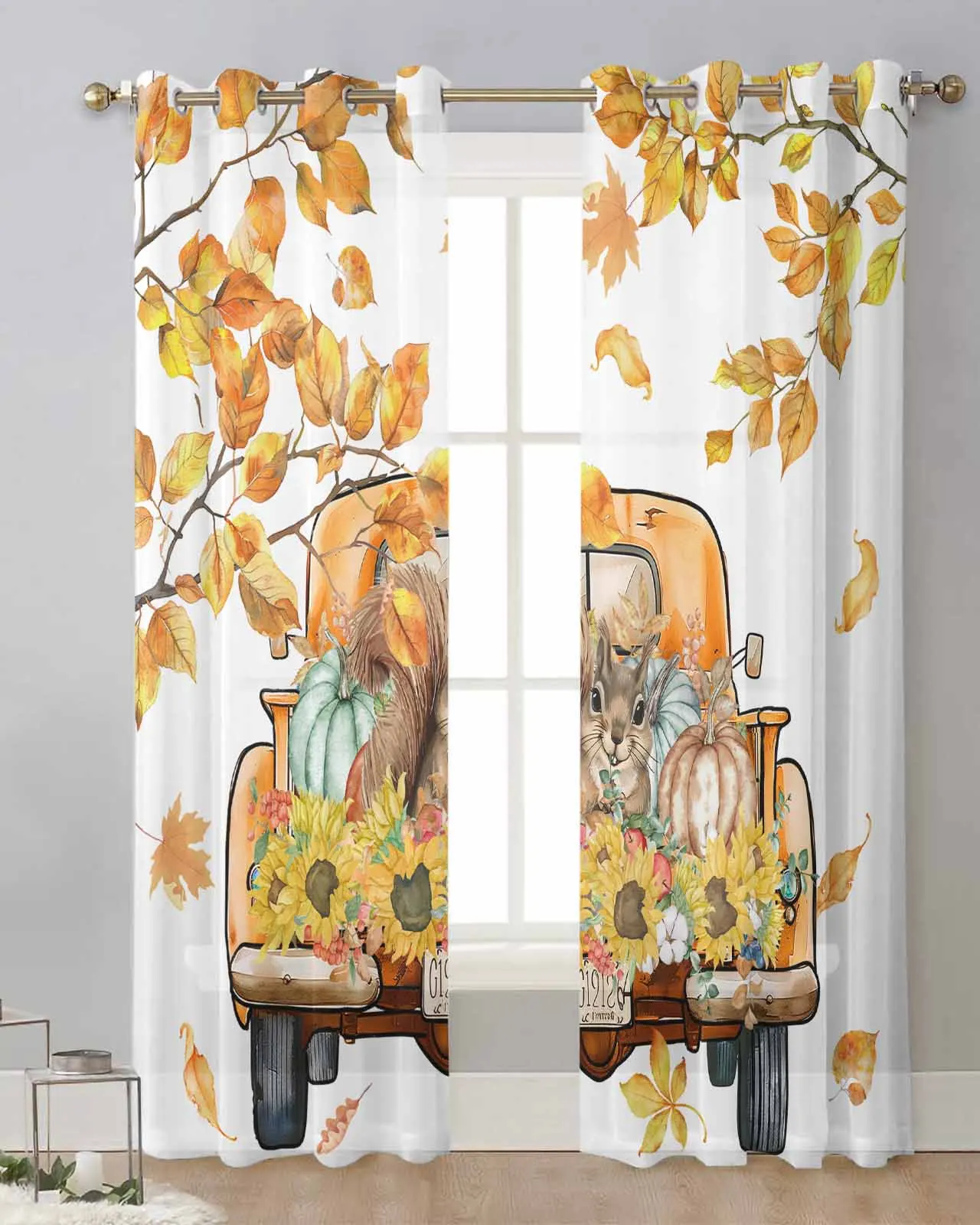 Autumn Pumpkin Truck Squirrel Sunflower Leaves Voile Curtain Window Treatment Drapes for Living Room Tulle Sheer Curtains