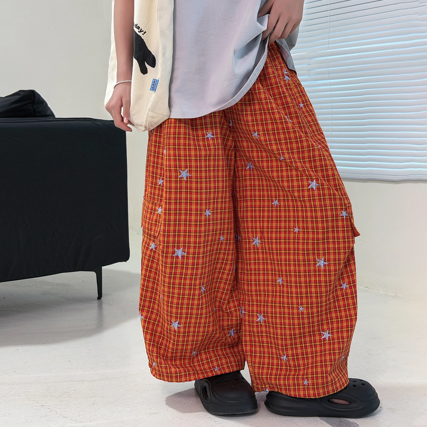 Kids Vintage Plaid Wide Leg Pants with Pockets Y2k Cargo Work Pleats Loose Fit Casual Trousers Dressy Tween Child Orange Bottoms