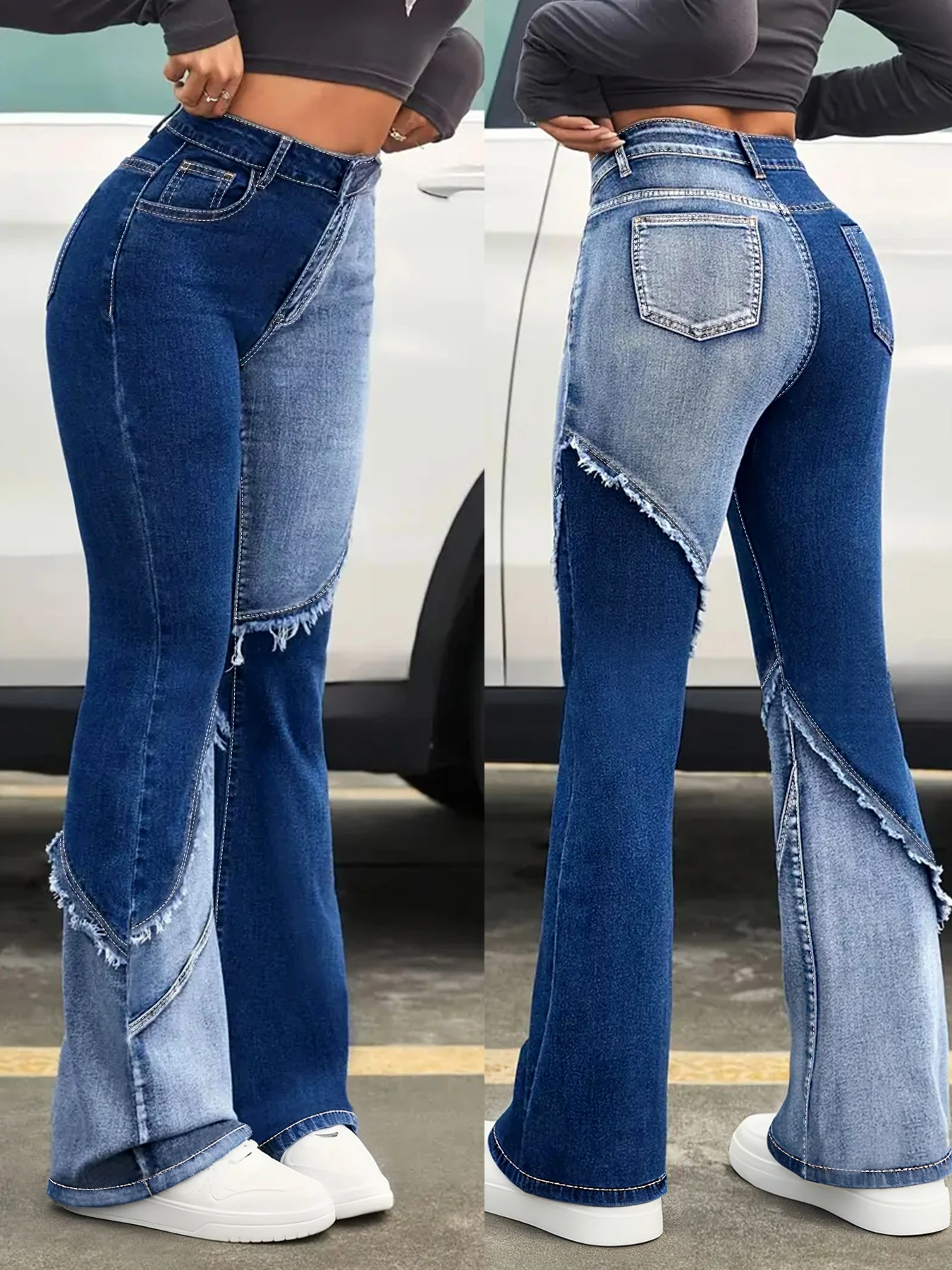 جينز نسائي عالي الخصر مقاس كبير، أنيق يغسل لجعل الأرجل تبدو أطول، جينز متوهج بحاشية ملونة