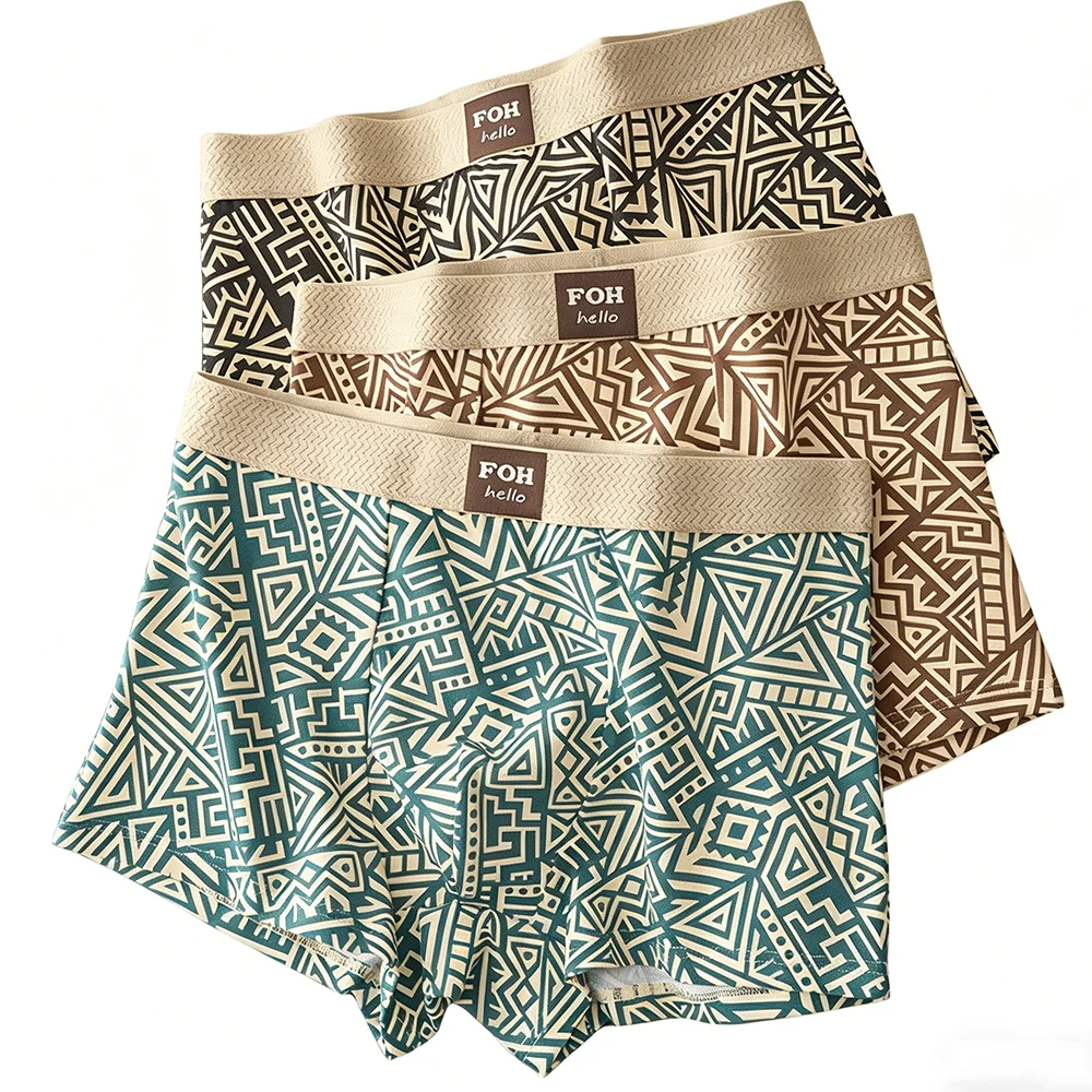 1/3 Stück Herren-Boxershorts aus Baumwolle, atmungsaktiv, bequeme Unterwäsche, bedruckt, trendig, ethnisch, Retro, quadratische Unterhose, männliche Unterhose