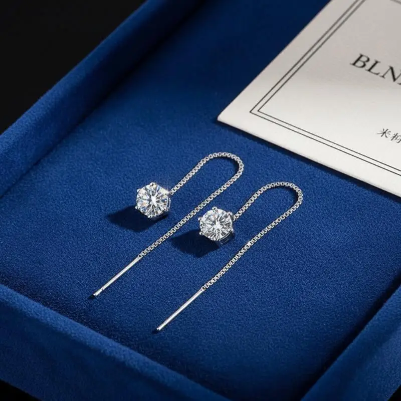 Long Tassel Moissanite Threader Earrings 6mm Round Cut Diamond Shiny Dangle Jewelry for Women Wedding Anniversary Gift