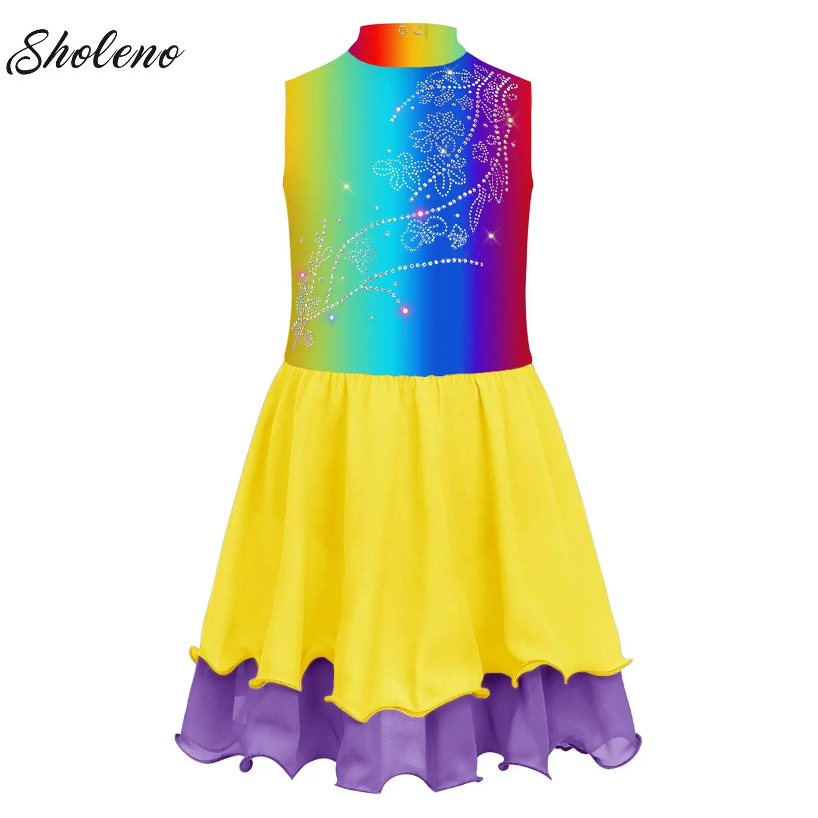 

Kids Girls Figure Ice Skating Competition Performance Dress Sleeveless Rhinestone Gradient Ballet Gymnastics Leotard Dancewear