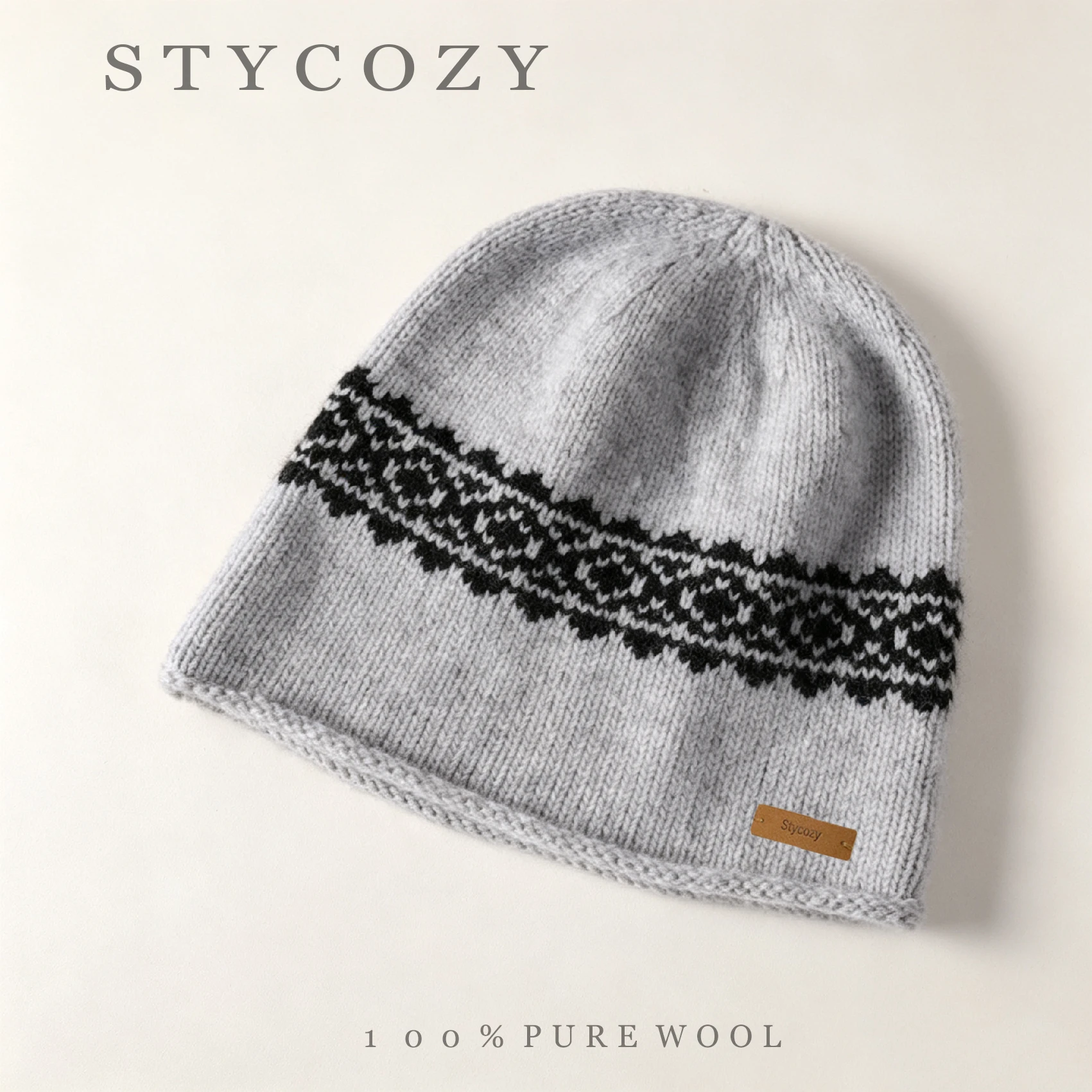 Women 100% Wool Fair‑Isle Jacquard Solid curled edge Knitted Skullies Hats Winter Warm Soft Knit Beanies Men Casual Bonnets Caps