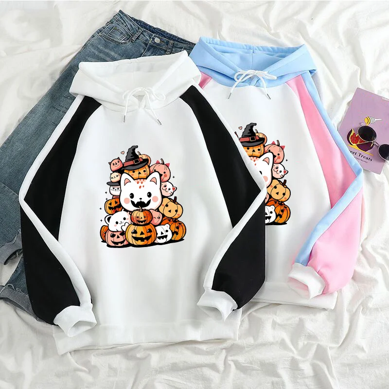 

New cute cat Halloween pumpkin print hoodie men's and women's fashion fall and winter models padded sweatshirt tops