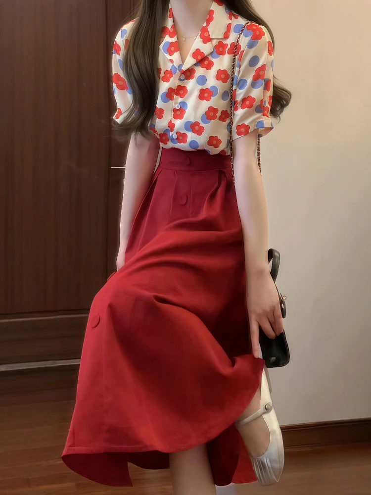 

Summer Floral Print Top And Red Skirt Set Women's plus Size Unique Dopane Clothing Two-Piece Suit Casual Sle Polyes...