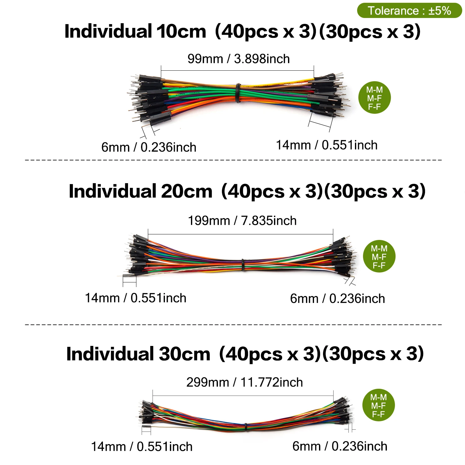 40-120 Stück 10-30cm Dupont Kabel-Set Jumper-Kabel Männlich-Weiblich Kupfer Lange Bandkabel Verbindungsset DIY Steckbrett – Detail 5