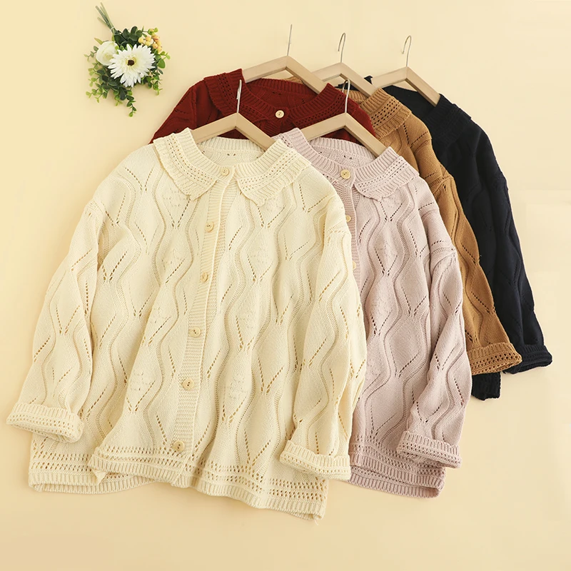 Japan Style Sweet Mori Girl Vintage Crochet Hollow Out Knitted Sweater Cardigan Women Peter Pan Collar Long Sleeve Knitwear Coat