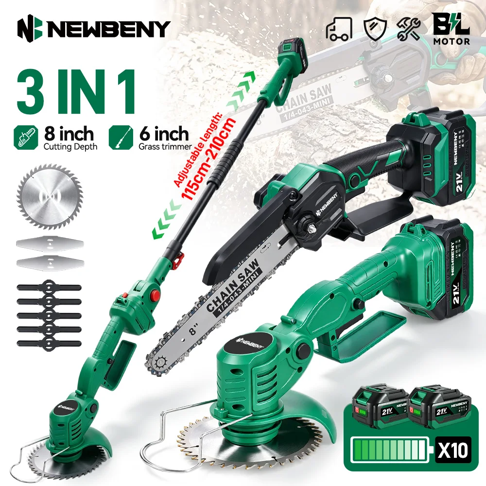 NEWBENY 3-IN-1 Bürstenlose 8-Zoll-Elektrokettensäge + 6-Zoll-Elektro-Rasenmäher mit Teleskopstange für Makita-Akku