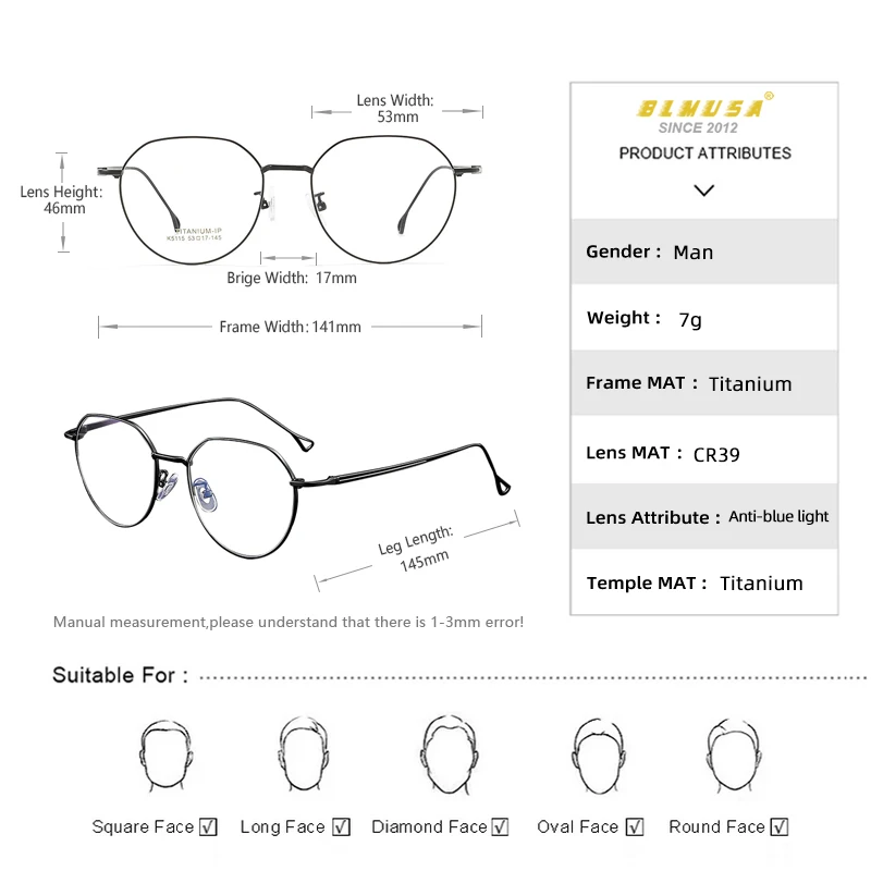 BLMUSA Vintage Progressive Reading Glasses for Men Anti Blue Ray Photochromic Glasses Pure Titanium Prescriptio Optical Glasses