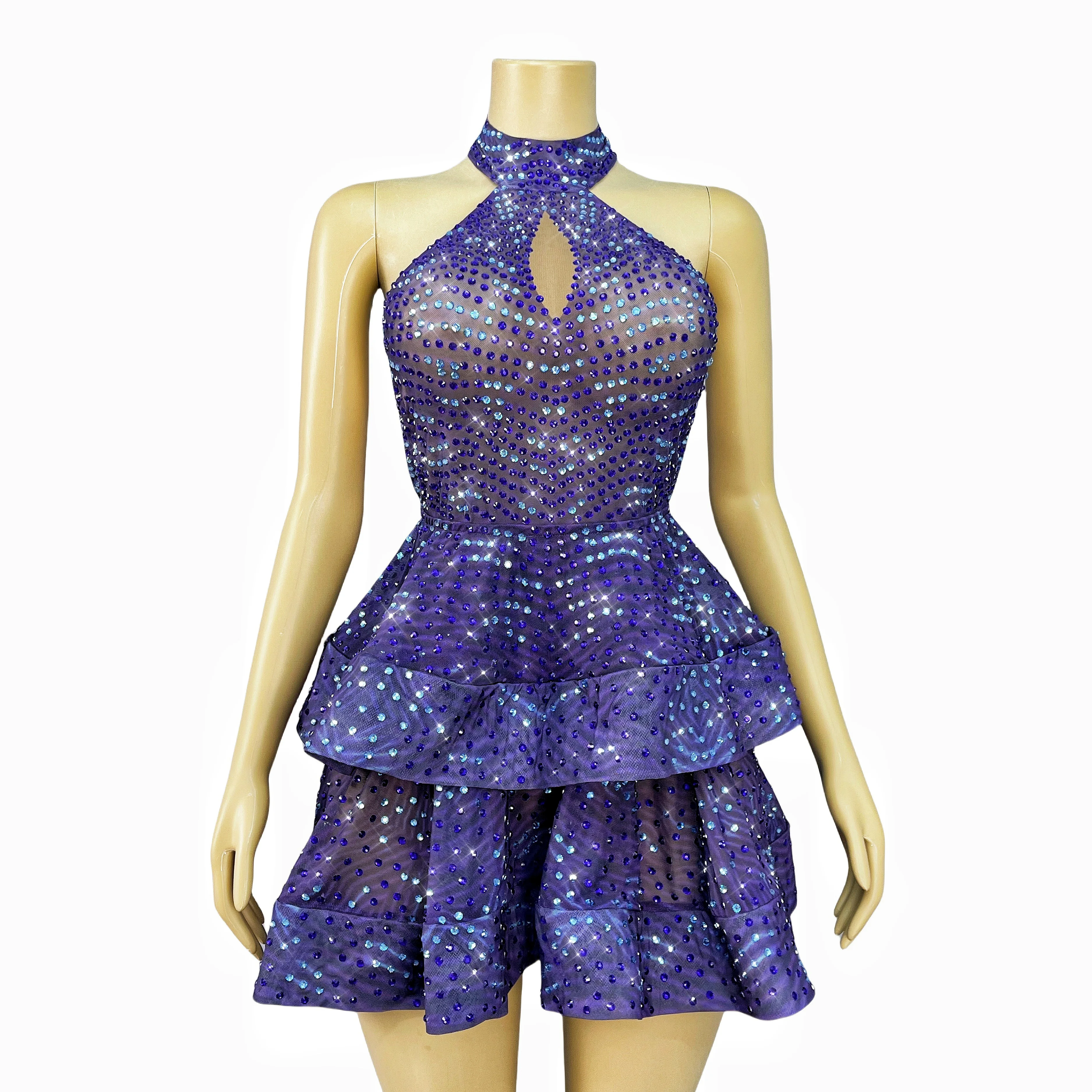 Nubreza e elegância roxo cintilante strass sem costas em camadas vestido de noite vestido de aniversário mostrar dança palco outfit zibowen