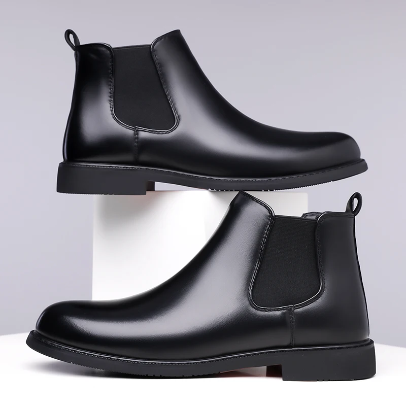 MenBlackGenuineLeatherChelsea Boots Elastic Side SlipOn AnkleBootsFormalBusinessDress ShoesComfort NonSlipOfficeWedding Footwear