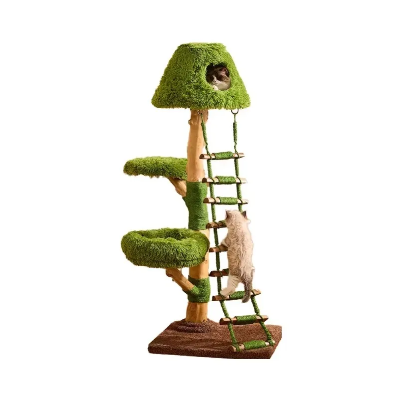 Ladder integrated solid wood modern cat tree climbing frame and nest space saving villa with scratchboard toy carton