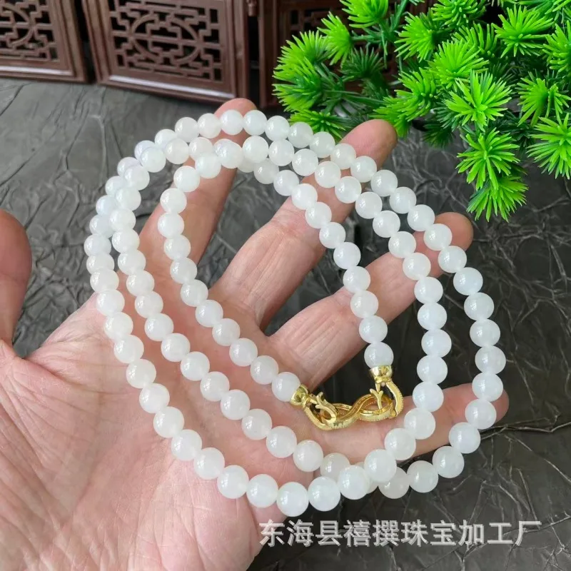 Natural Hetian Fine Qinghai Material Transparent Delicate White Jade 8Mm Round Bead Long Chain Necklace Mothers