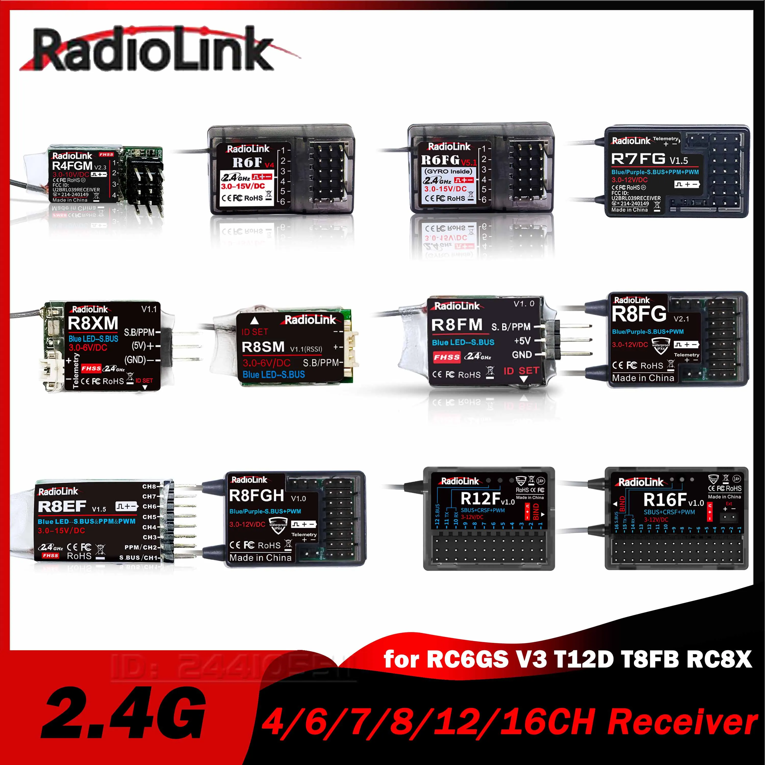 

RadioLink 4/6/7/8/12/16CH 2.4G R4FGM R6FG R7FG R8SM R12F R16F Receiver for RC6GS V3 T12D T8FB RC8X Transmitter Remote Controller