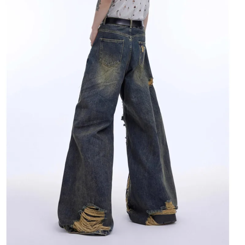 HKSH Autumn New Man Heavy Niche Deconstructed Tassel Ripped Jeans Retro Distressed Large Pockets Design Denim Cargo Pants HK8749