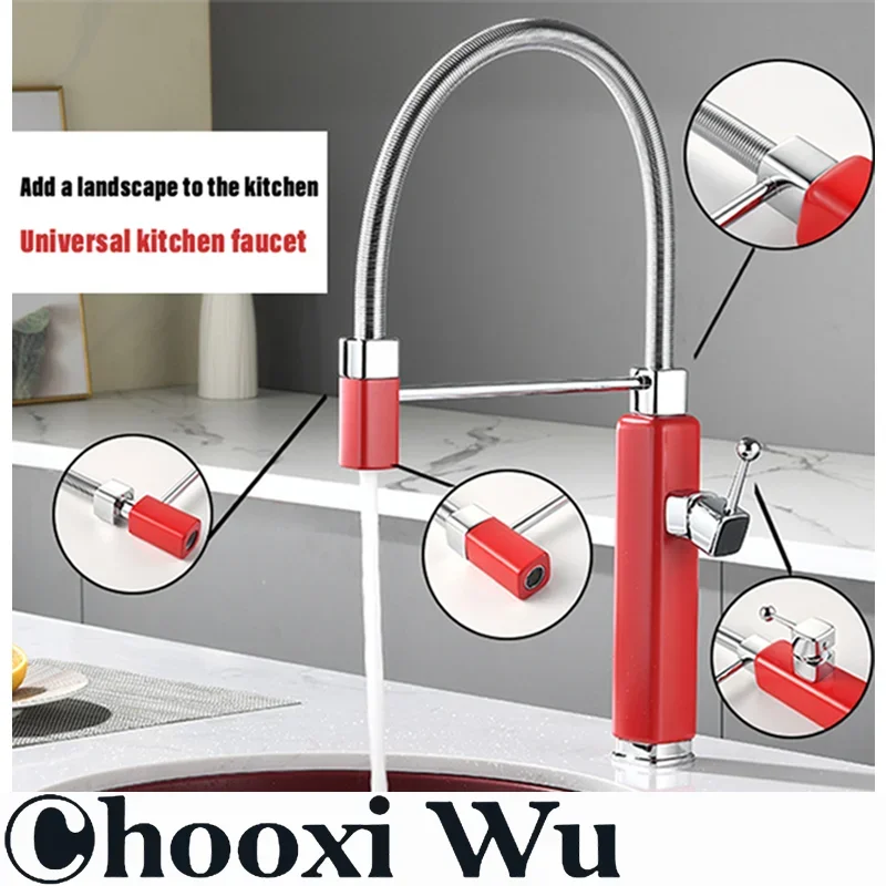 Modern luxury red kitchen faucet with retro design, pull-out water outlet, single handle hot and cold water sink Mixer