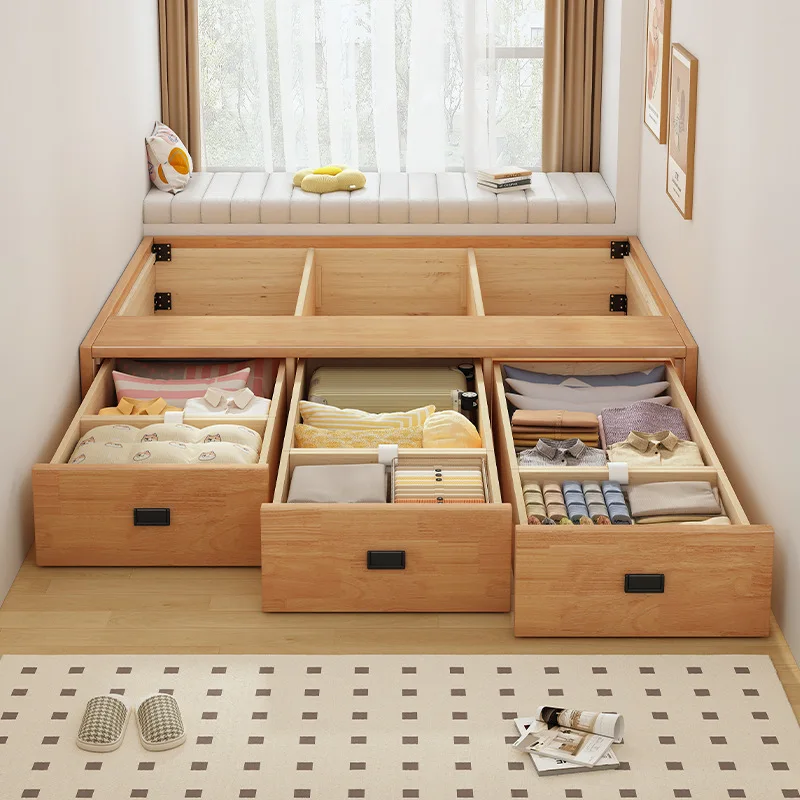 wood small apartment without bedside bed, homestay modern simple three-pump storage floor-to-ceiling box storage tatami bed