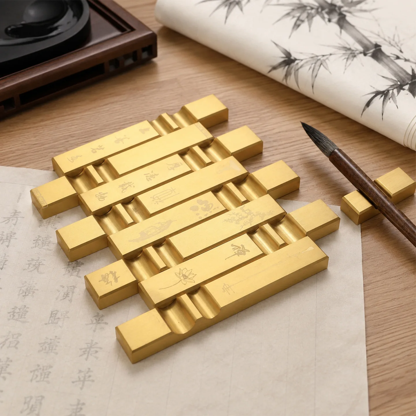 Brass Pen Rest Paper Weight Dual Use Writing Press Ruler Chinese Calligraphy Four Treasures Brush Holder Xuan Paper Decor