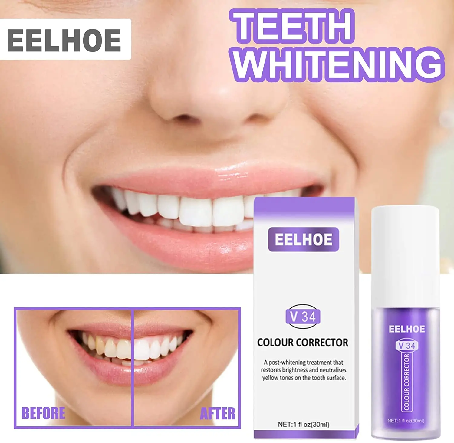 

EELHOE V34 Toothpaste Repair Teeth Whitening Cleansing Stains Oral Cleaning Purple Orange Colour Corrector Toothpaste 2023 New