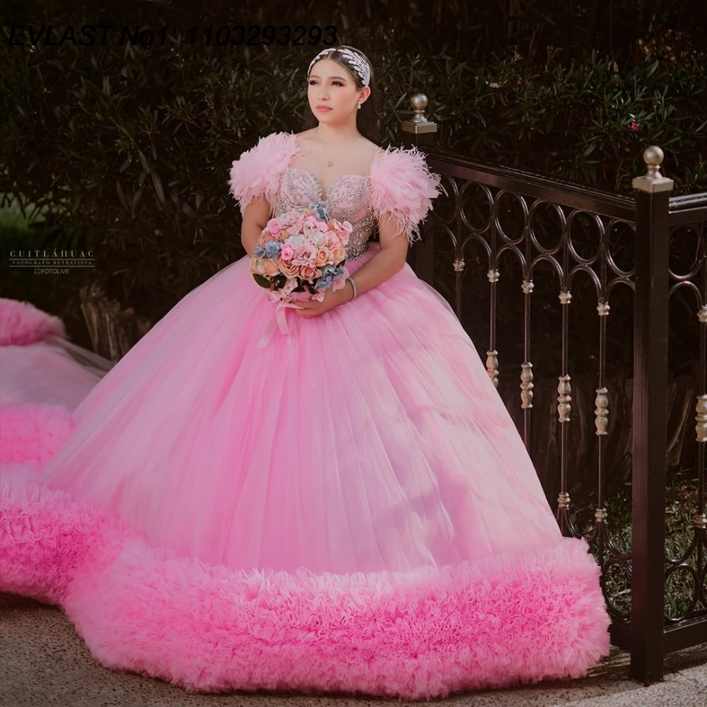 EVLAST personalizado 2025 Vestido De quinceañera rosa Vestido De baile apliques con cuentas De cristal volantes tren dulce 16 Vestido De 15 Anos E1Q66