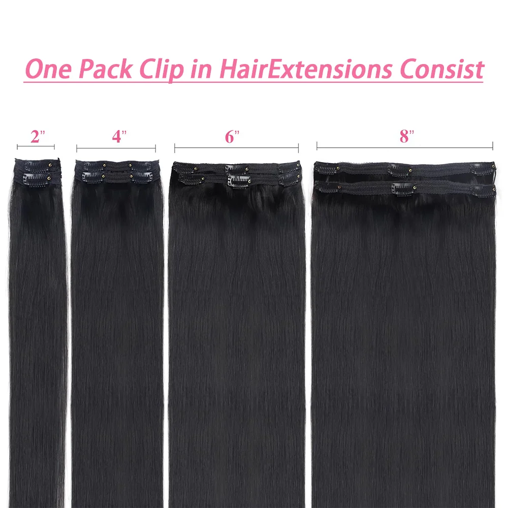 Clip na extensão do cabelo para as mulheres, cabelo humano, reto, sem costura Clip Ins, cor natural, cabeça cheia, 18 polegadas, 20 polegadas, 22 polegadas, 8 pçs/set, # 1B