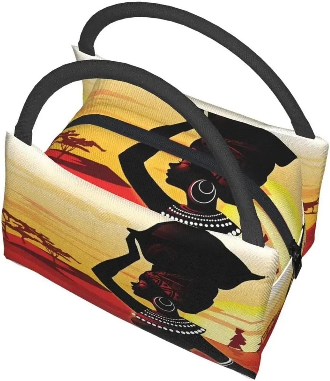 Portable Insulated Lunch Bag African Women Desert Painting Waterproof Tote Bento Bag for Office School Hiking Beach Picnic