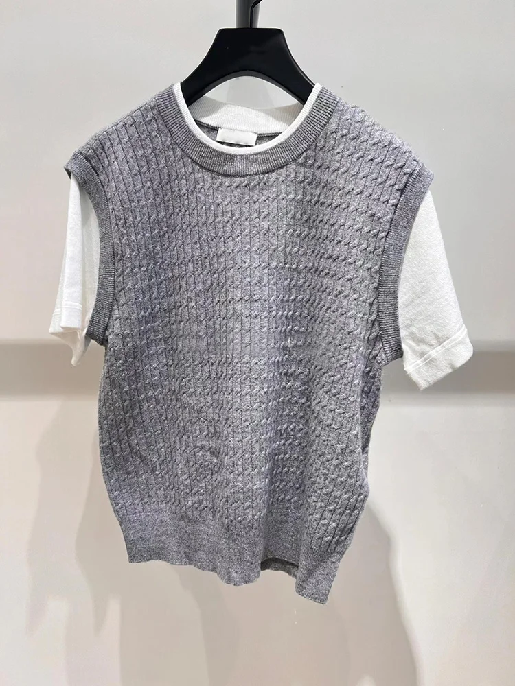 

SIVOS High-End European Style Women's Summer Knitted Top Fake Two-Piece Set Regular Fit Button Detail Short Sleeve round Neck