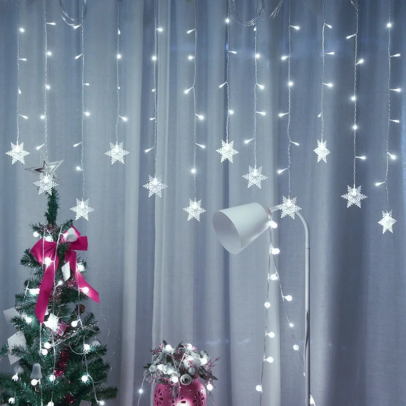 Lights LED Snowflake Curtain Icicle Fairy String Lights, Home Garden Outdoor Garland, New Year Party Decoration