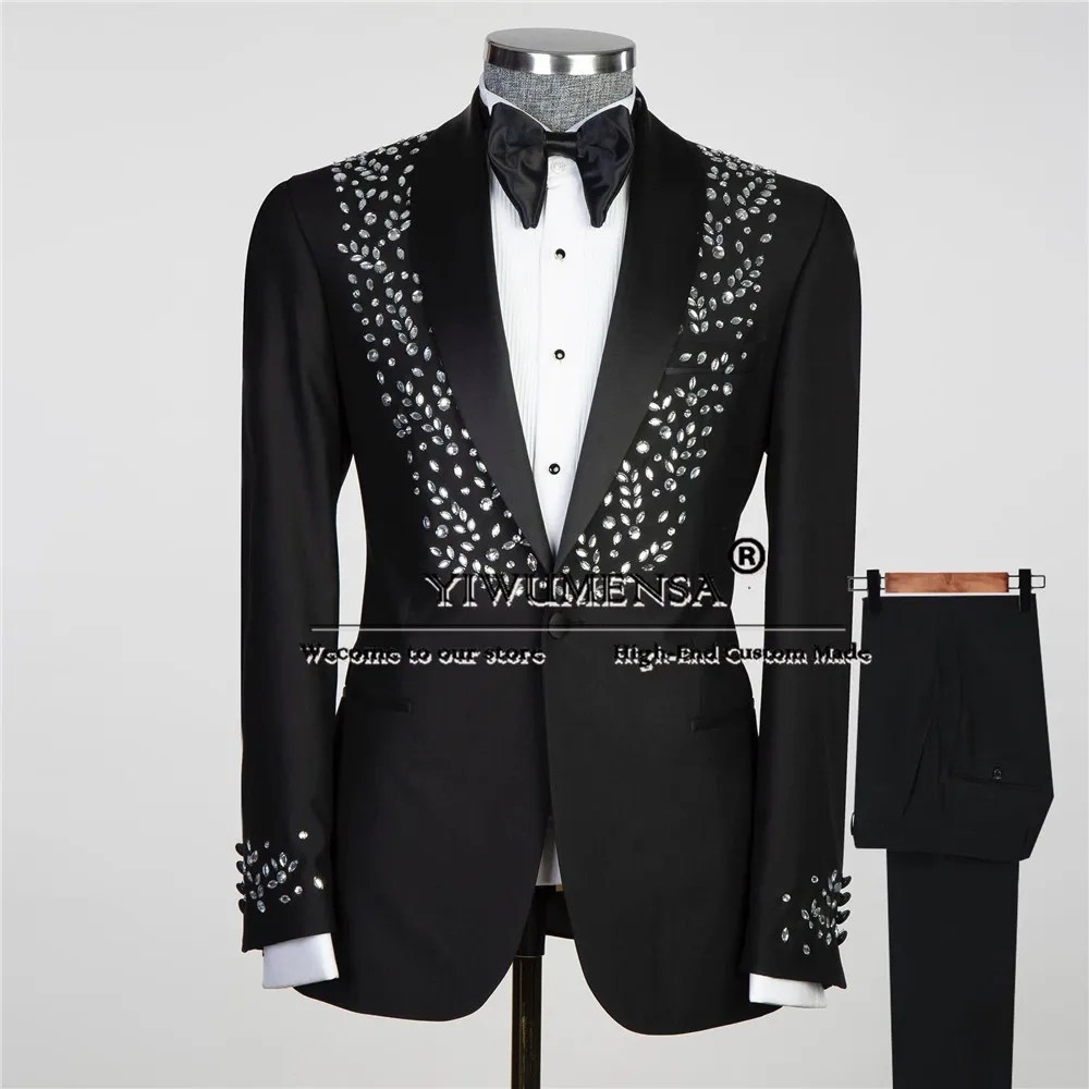 

Crystals Diamond Suits Men For Wedding Single Breasted Jacket Pants 2 Piece Business Banquet Prom Groom Tuxedos