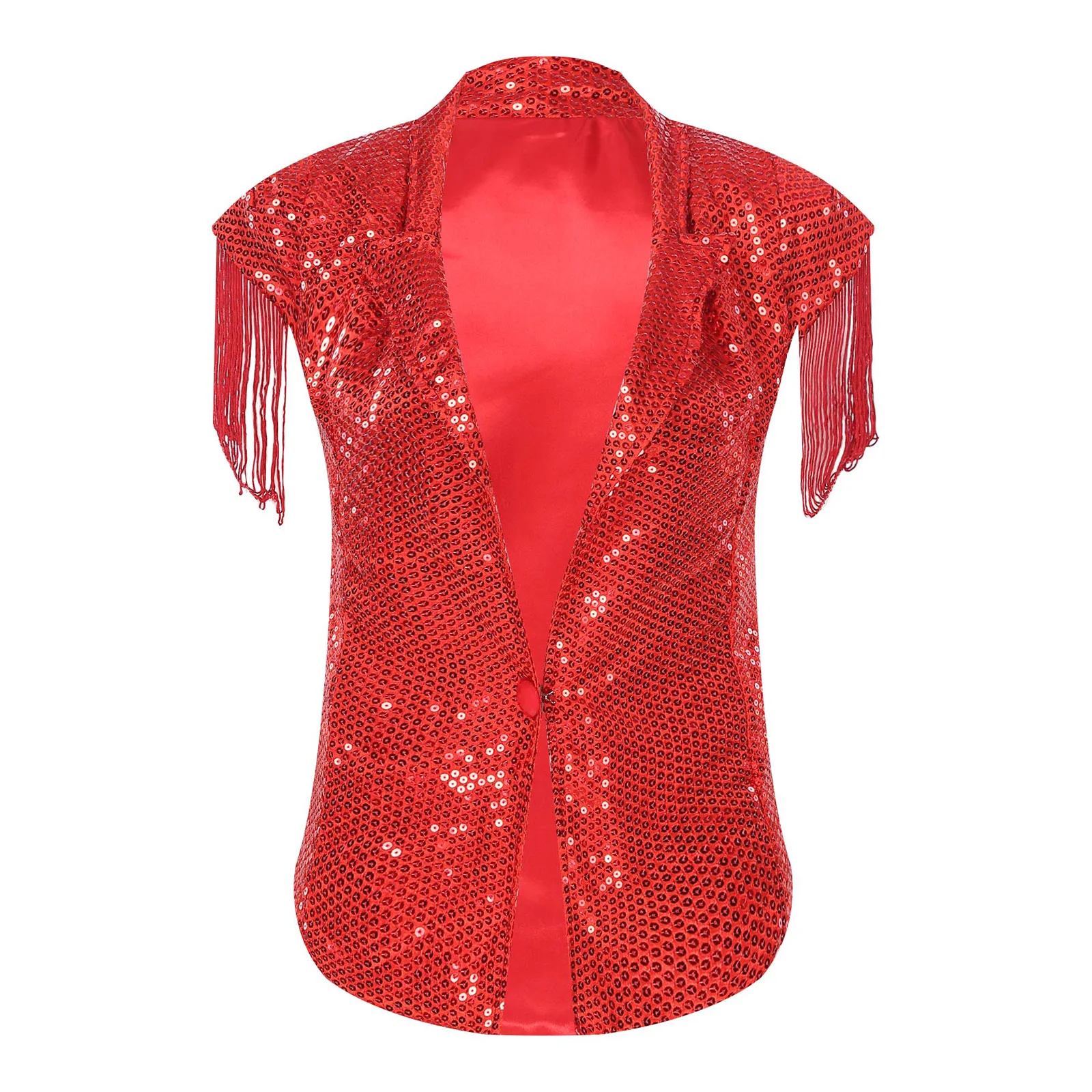 Womens Sparkly Sequins Jacket Waistcoat 70s 80s Disco Lapel Cap Sleeve Tassels Blazer Tops Jazz Dance Stage Performance Costume