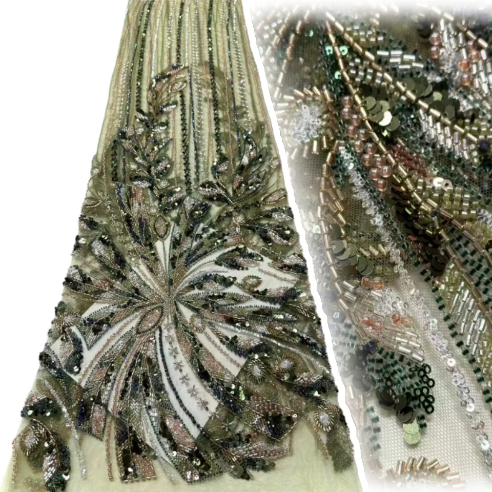 

Premium Nigerian Beaded Lace Fabric 5 Yards Luxury African Sequined Lace Fabric Wedding Fabric Bridal Lace Sewing Material 1814