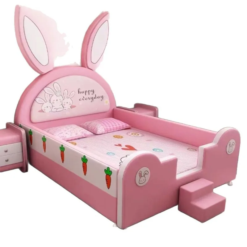 Rabbit girl princess bed with guardrail pink light luxury little cute leather bed