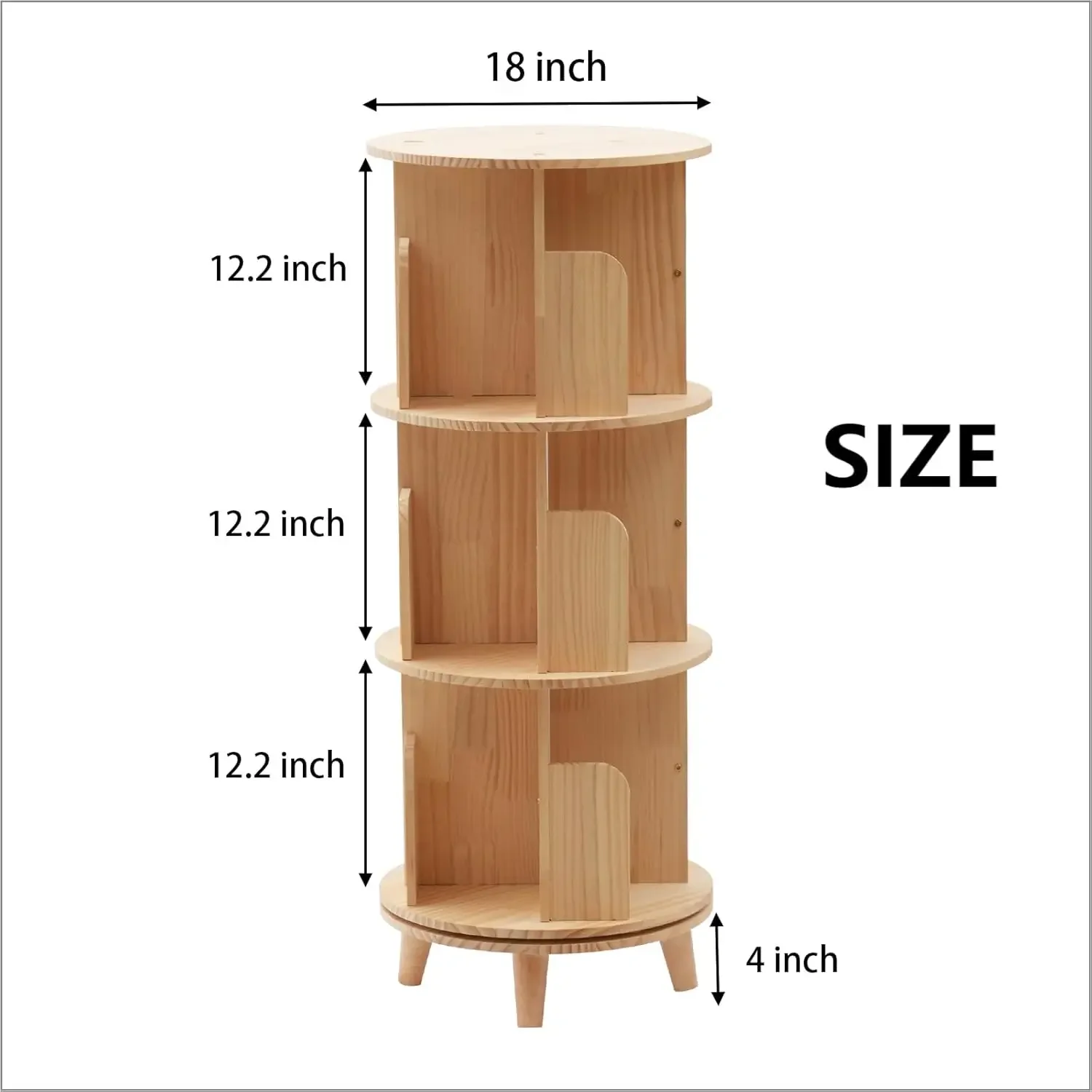 3 Tier Rotating Bookshelf with Legs, Revolving Bookcase Standing Kids Rotating Bookshelf Wood Bookcase Round Bookshelf 360 Displ