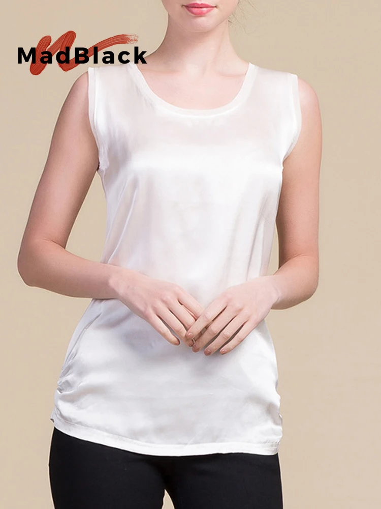 MadBlack-100%Real Silk Elegant Knit Vest, O Neck Solid, Women Skin-friendly Breathable Thin Slim Tank Top, 2026 Autumn T69248CC