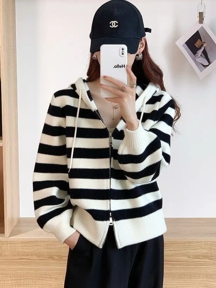 

Double-Sided Woolen Knitted Zipper Hoodie Women's Fashionable Autumn Winter Coat Commute Style Regular Fit Long Sleeve Top