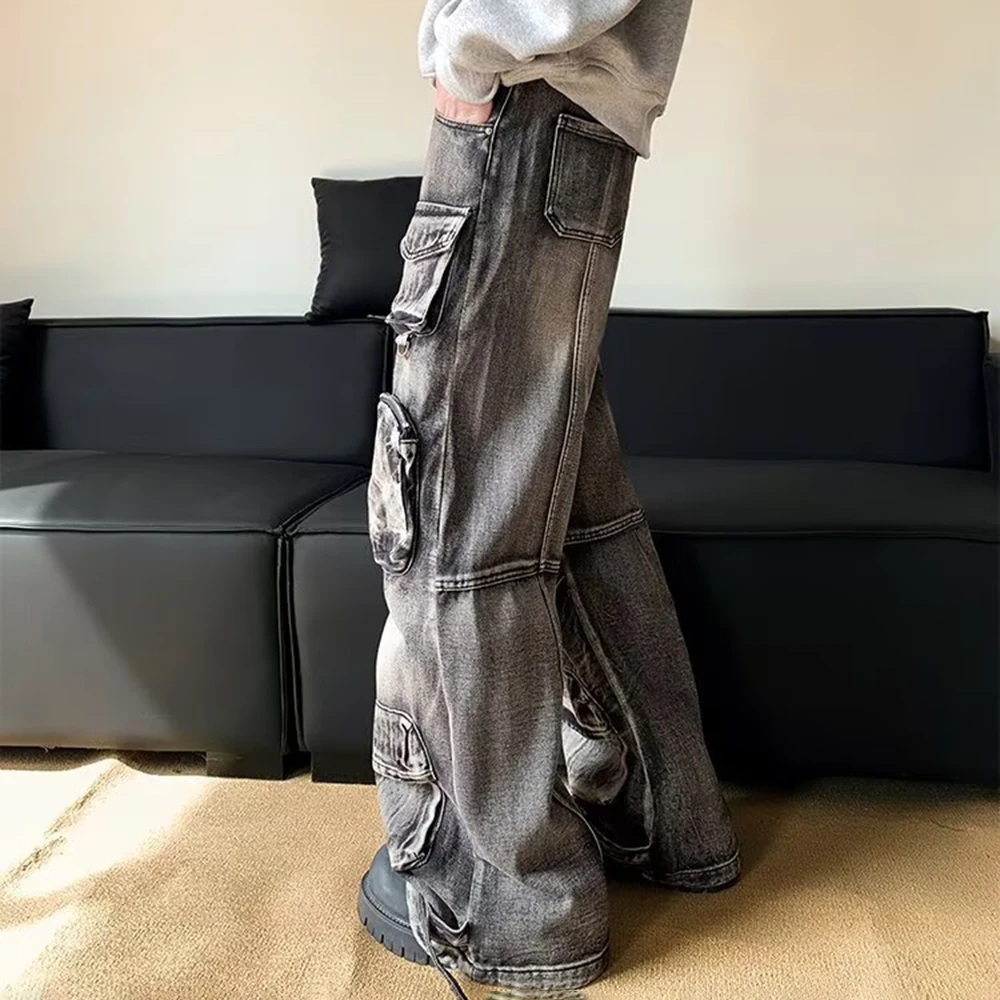 2025 Winter New Men's Multi-Pocket Cargo Jeans American Retro Fashion Trendy High Street Loose Casual Niche Men's Bottoms