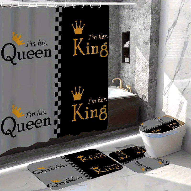1/4pcs Waterproof Two Tone King Queen Pattern Shower Curtain Set with Hooks, U-shaped Mat, Toilet Cover Mat, L-shaped Mat, Bathr