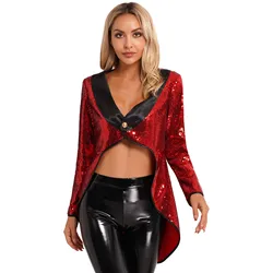 Womens Circus Ringmaster Costume Halloween Magician Dress Theme Party Cosplay Tailcoat Jacket Sequin Tuxedo Outerwear Dress Up