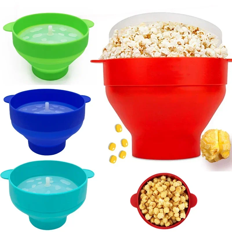 Large Kitchen Microwave Popcorn Bowl Bucket Silicone DIY Red Popcorn Maker w/Lid Chips Fruit Dish Easy Tools Kids Outdoor New