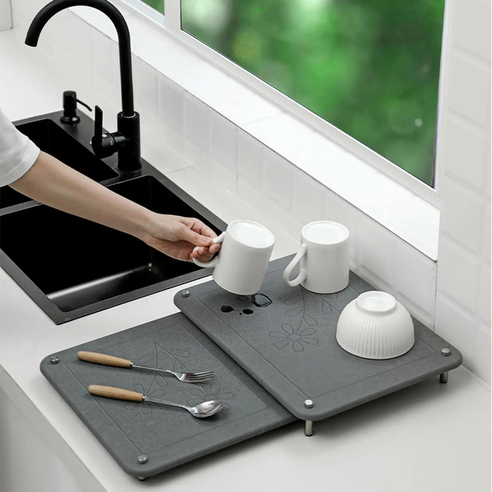 2Pcs Stone Dish Drying Mat Easy Clean for Kitchen Counter Non Slip Heat Resistant Avoids Water Build up Fast Dry Drying Rack