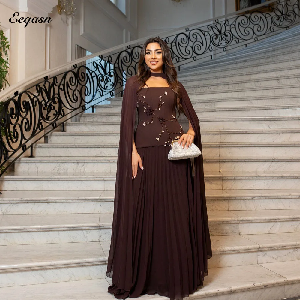 Eeqasn Luxury Chiffon Pleated Evening Dress Shawl Embroidered Bodice A-line Floor-Length Women Occasion Dresses Guest Customized