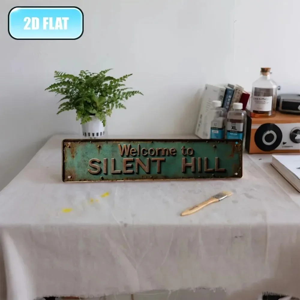 لافتة معدنية عتيقة "مرحبًا بكم في سايلنت هيل" - ديكور ألومنيوم أخضر ريفي، لوحة فنية جدارية داخلية وخارجية لمرآب البار #6