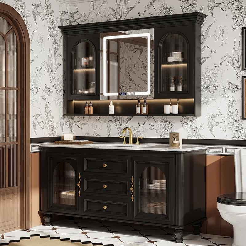 

Luxury Black Bathroom Cabinet Modern European Smart Narrow Mirror Bathroom Cabinet Sink Tall Meuble Salle De Bain Furniture