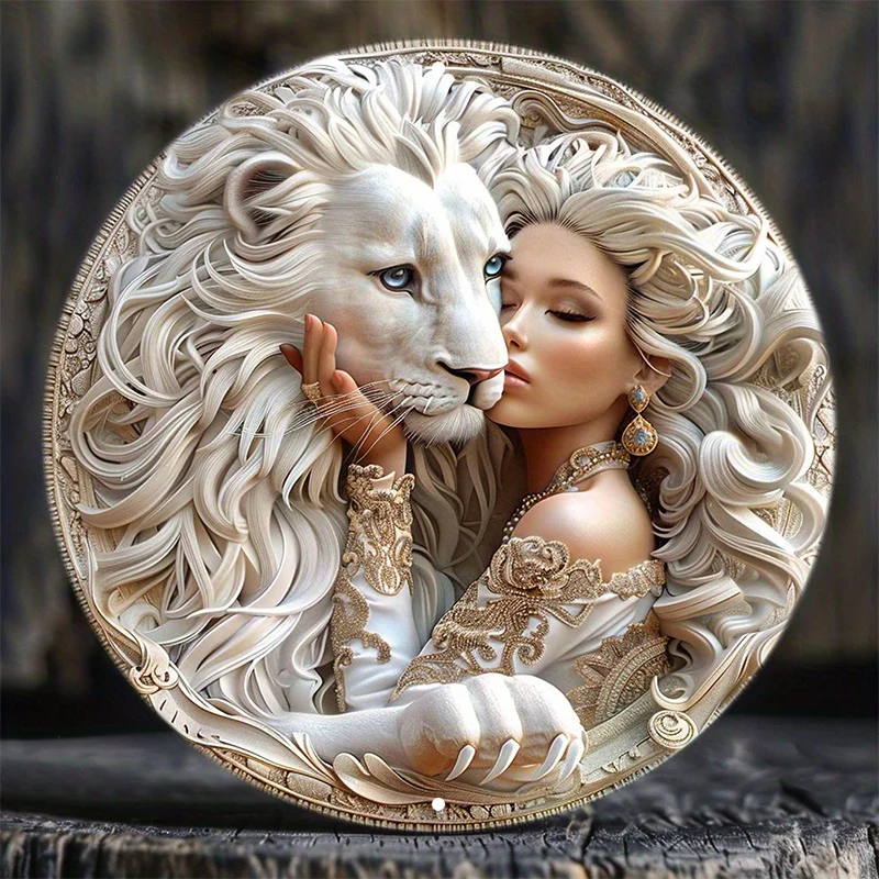 Stunning Woman & White Lion Art - Round Metal Sign - HD Print, Waterproof, Weather Resistant, Wall Decor for Home, Door, Wreath