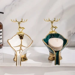 Luxury Gold Deer Ceramic Soap Dish Holder Drain Portable Home Bathroom Hotel Soap Box Tray Bathroom Accessories Crafts