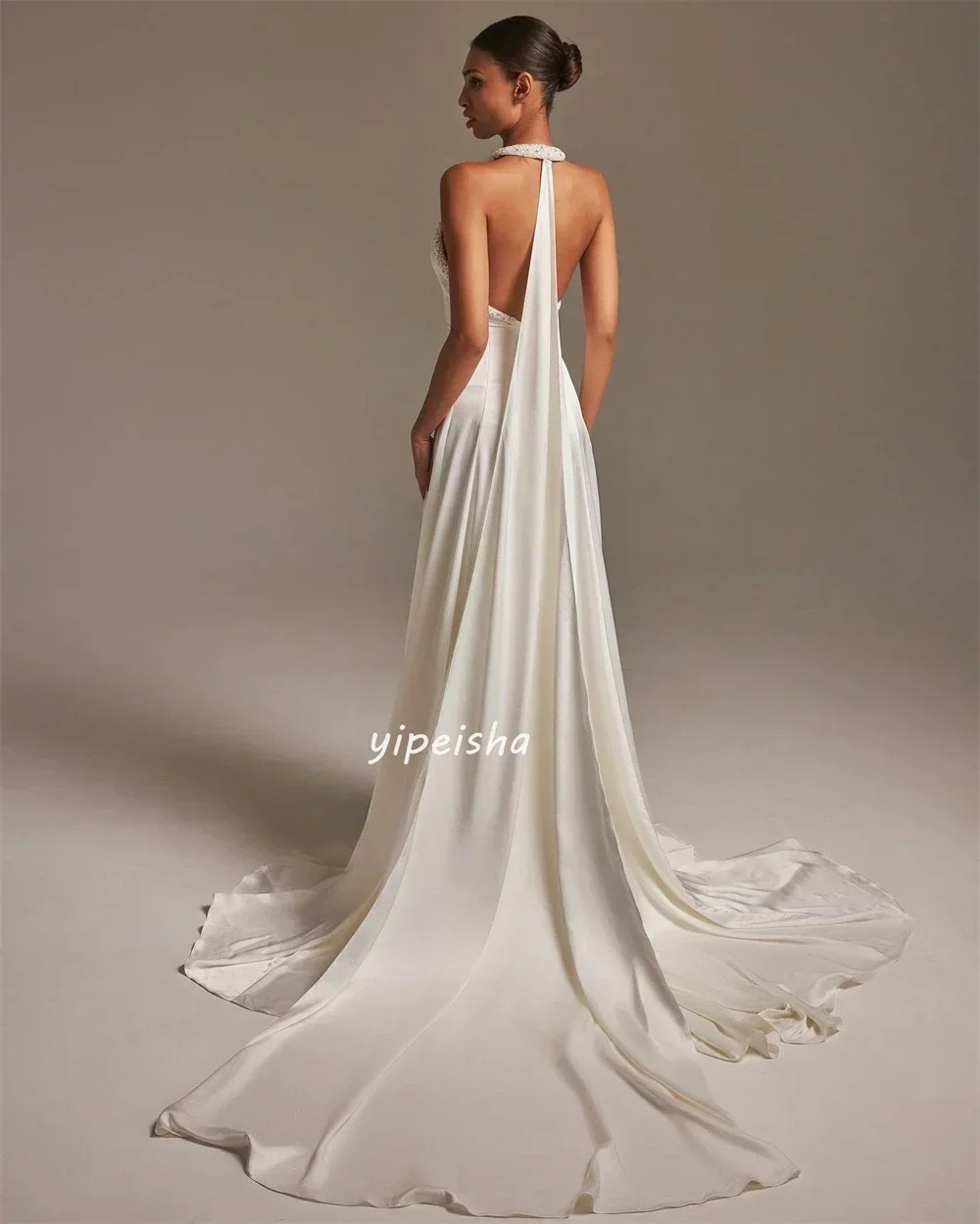 Aangepaste elegante moderne stijl formele jersey gedrapeerde a-lijn halter lange jurken avondjurken hoge kwaliteit sexy bijpassende klasse