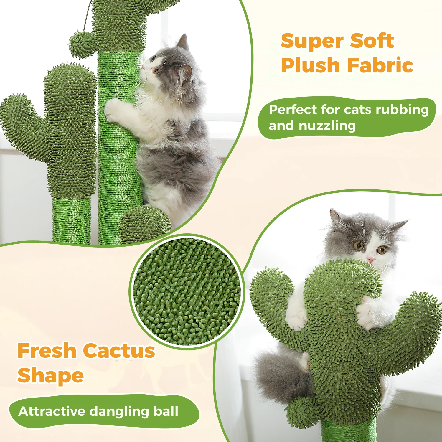 Cactus Cat Scratching Post for Indoor Cats Tall Cat Scratcher with 3 Sisal Scratching Poles Interactive Dangling Ball Cat Toys - view 5