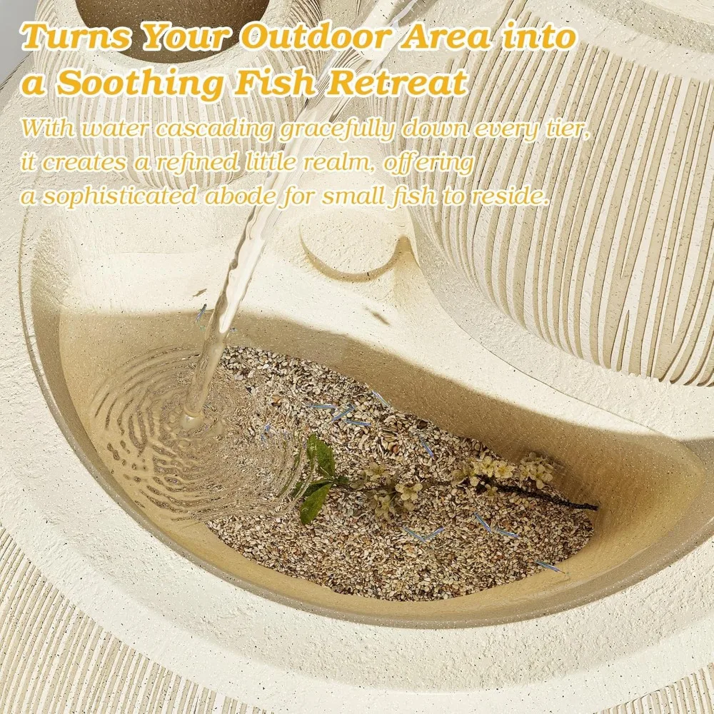 39H Outdoor Garden Water Fountain, 4-Tier Large Waterfall Resin Fountain with LED Lights, Mini Aquarium for Garden and Patio