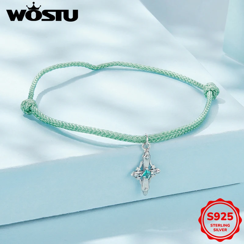 

WOSTU браслет из стерлингового серебра 925 пробы со звездным крестом, зеленая веревка для женщин, регулируемый счастливый подарок, ювелирные изделия