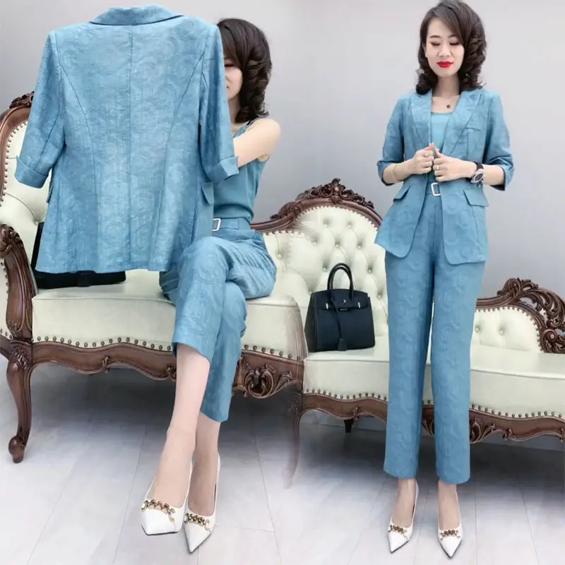 Celebrity Temperament Suit Set Women's Summer New Style Korean Version Slimming Suit Camisole Harem Pants Three Piece Set - Detail 1